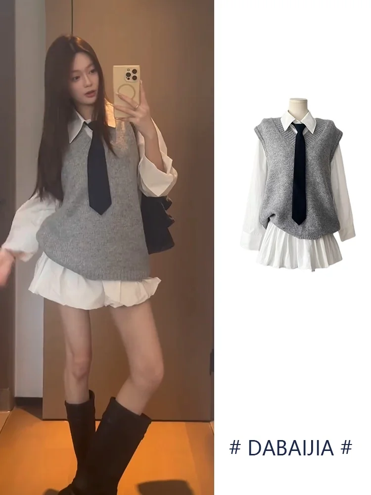 

White Shirt Dress Vest Set Autumn New Arrival College Style Two Piece Set Skirt with Gathers Long Sleeve Stand Collar Polyester