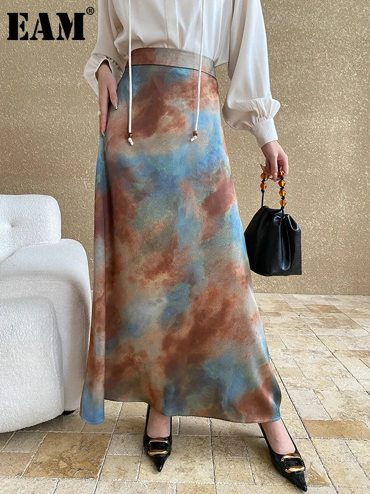 [EAM] High Waist Coffee Blue Tie Dye Elegant Long A-line Half-body Skirt Women Fashion Tide New Spring Autumn 2024  1DH7370