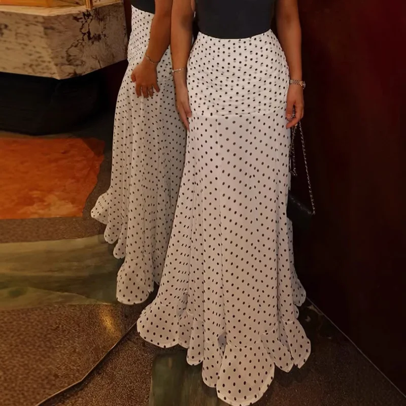 Y2K Polka Dot Retro Floor-length Fishtail French Style Ruffled Mesh A-line Skirts Elegant Maxi Bottoms High Waist Streetwear