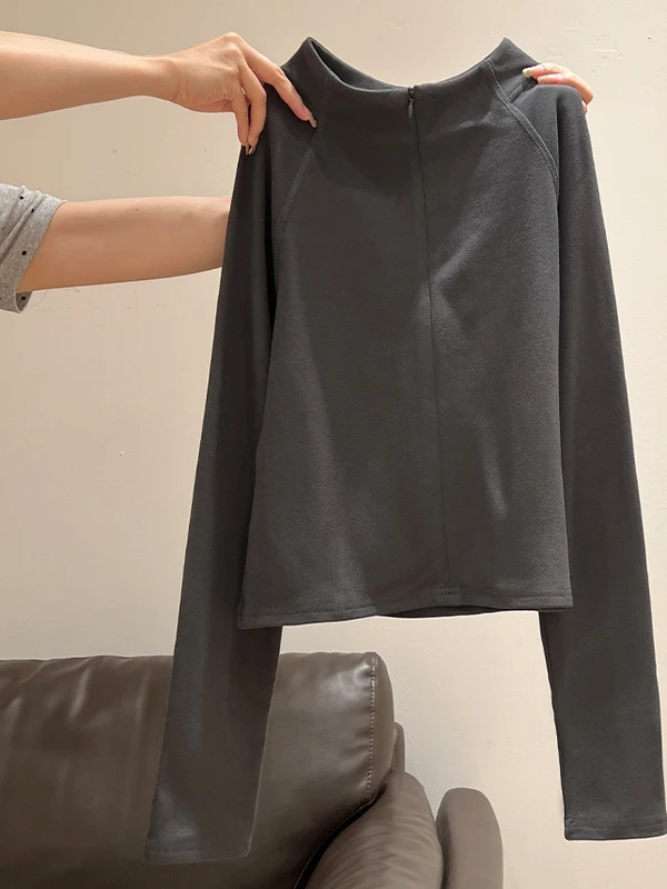 레트로 아메리칸 지퍼 오르트 스웨트셔츠 여성 슬림핏 베이스 레이어 따뜻한 탑 하이 칼라 출퇴근용 폴리에스터 섬유