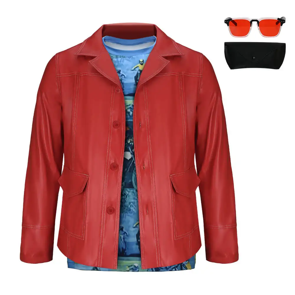 Kampf Club Tyler Durden Cosplay Kostüme auf Lager Brad Biker Lederjacke roten Mantel Hemd Brille Halloween Party Anzug