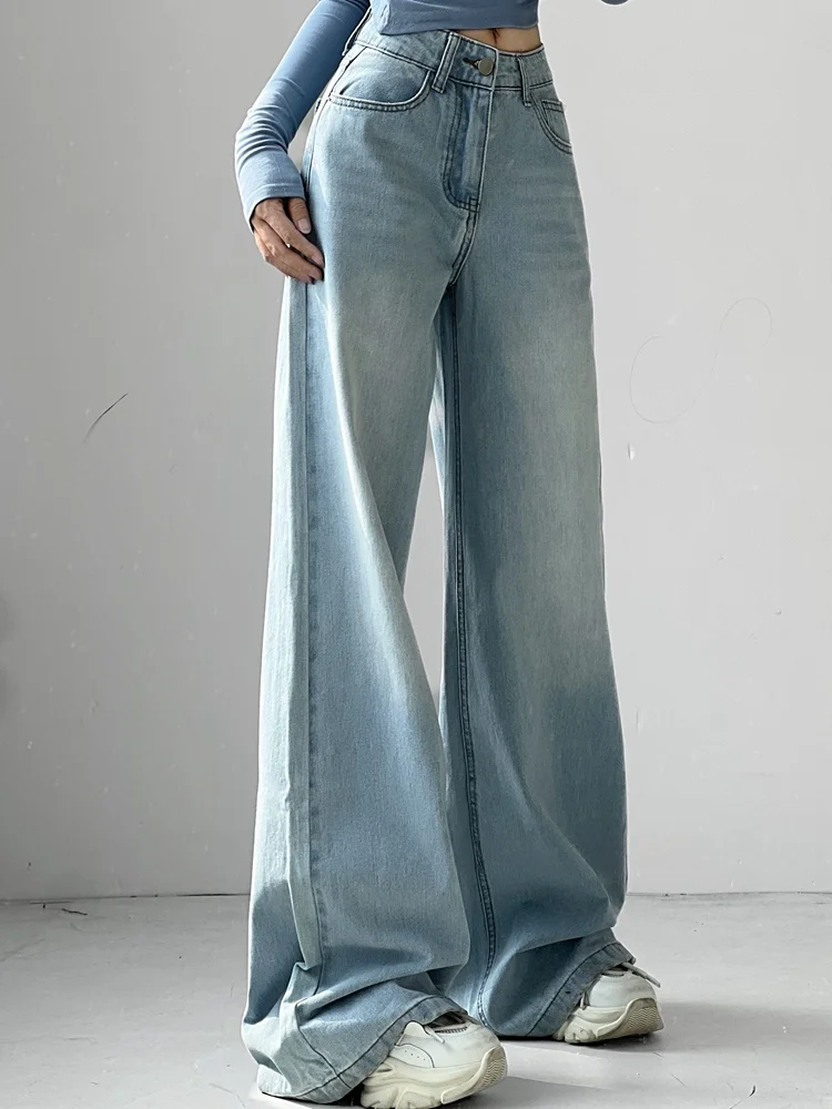 로우 웨이스트 와이드 레그 플로어 렝스 디스트레스드 데님 팬츠 여성용 블랙 아메리칸 레트로 핫 걸 롱 트라우저 슈퍼모델 다리