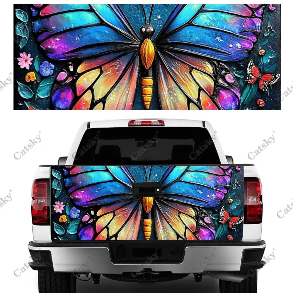 Gradient Blue Butterfly Print Car Tail Trunk Protect Vinly Wrap Decal Auto Accessories Hood Decor Sticker for Off-road Pickup