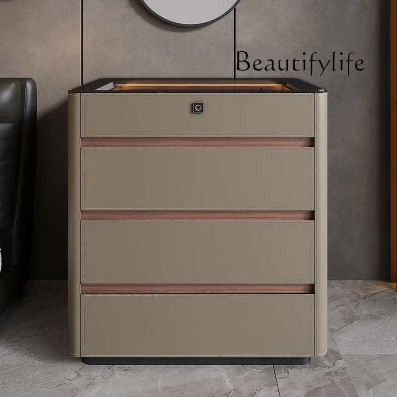 Light Luxury Saddle Leather Bedroom Bucket Cabinet Modern Home Multifunctional Solid Wood  Lock Jewelry Display Storage Cabinet