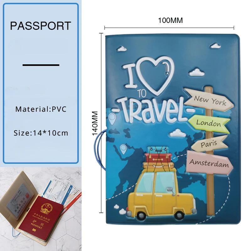 Étui de passeport avec poche pour fente pour carte pour homme et femme, pochette porte-passeport, dessin animé, bleu, rose, I Love Travel, 14x10cm,