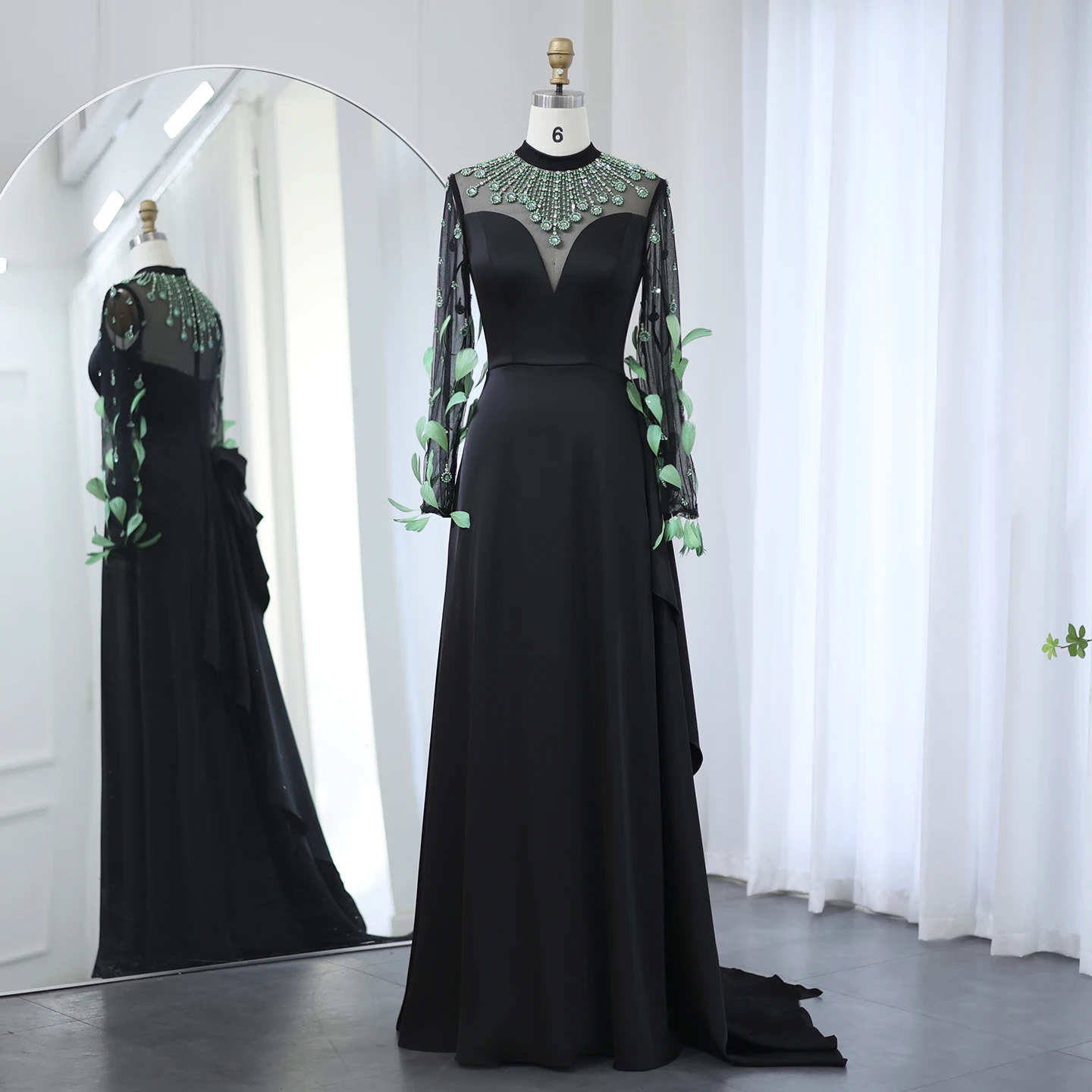 Sharon Said Luxury Dubai Emerald Green Feathers Black Evening Dress Long Sleeves Arabia Women Formal Party Gown SS457 Customized