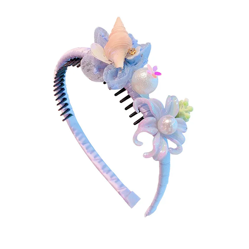2026 New Summer Beach Shell Coach Headband For Girls Kids Boho Ocean Flower Tulle Bow Hair Hoop Children Hair Accessories Gift view 5