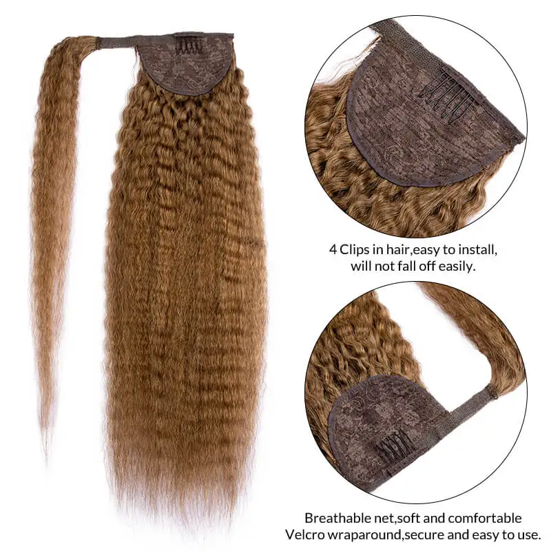 Echte Remy Haar Paardenstaart Humanhair Extensions Bruin Kinky Straight Wrap Rond Paardenstaart Extensie Voor Vrouwen 14 "-22" Gratis Verzending