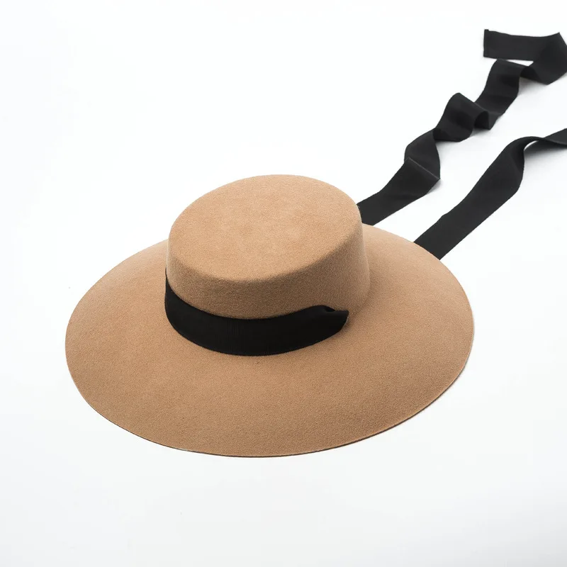 Autumn Winter New Wool Lace-up Wide Brim Flat Top Hat Women's Fashion Show Concave Shape Wide Brim Hat Hot Sale