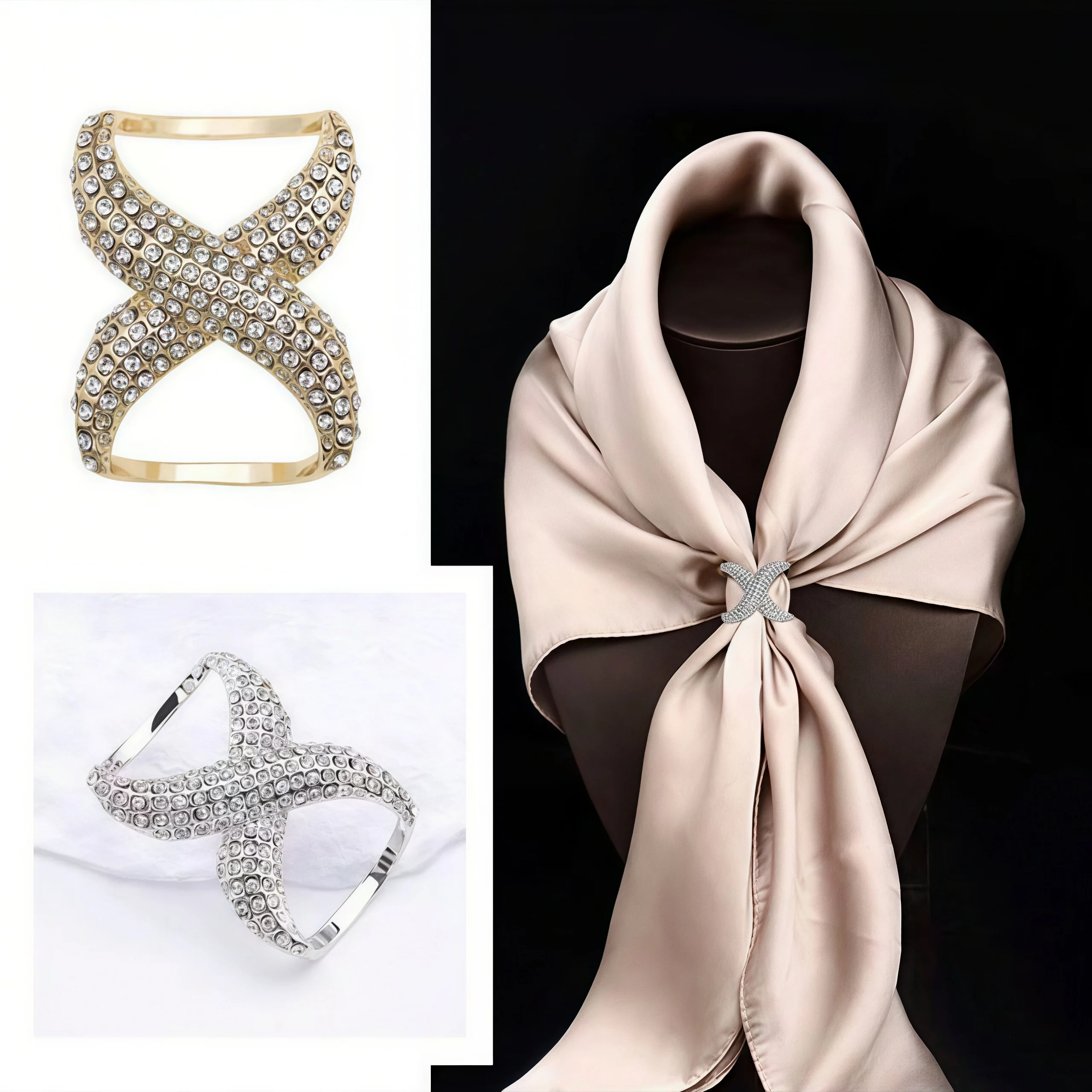Bowknot Crystal Silk Scarves Buckle Ring Female Decoration Shawl Hijab Brooch Pins Square Headscarf Shawl Ring Clip