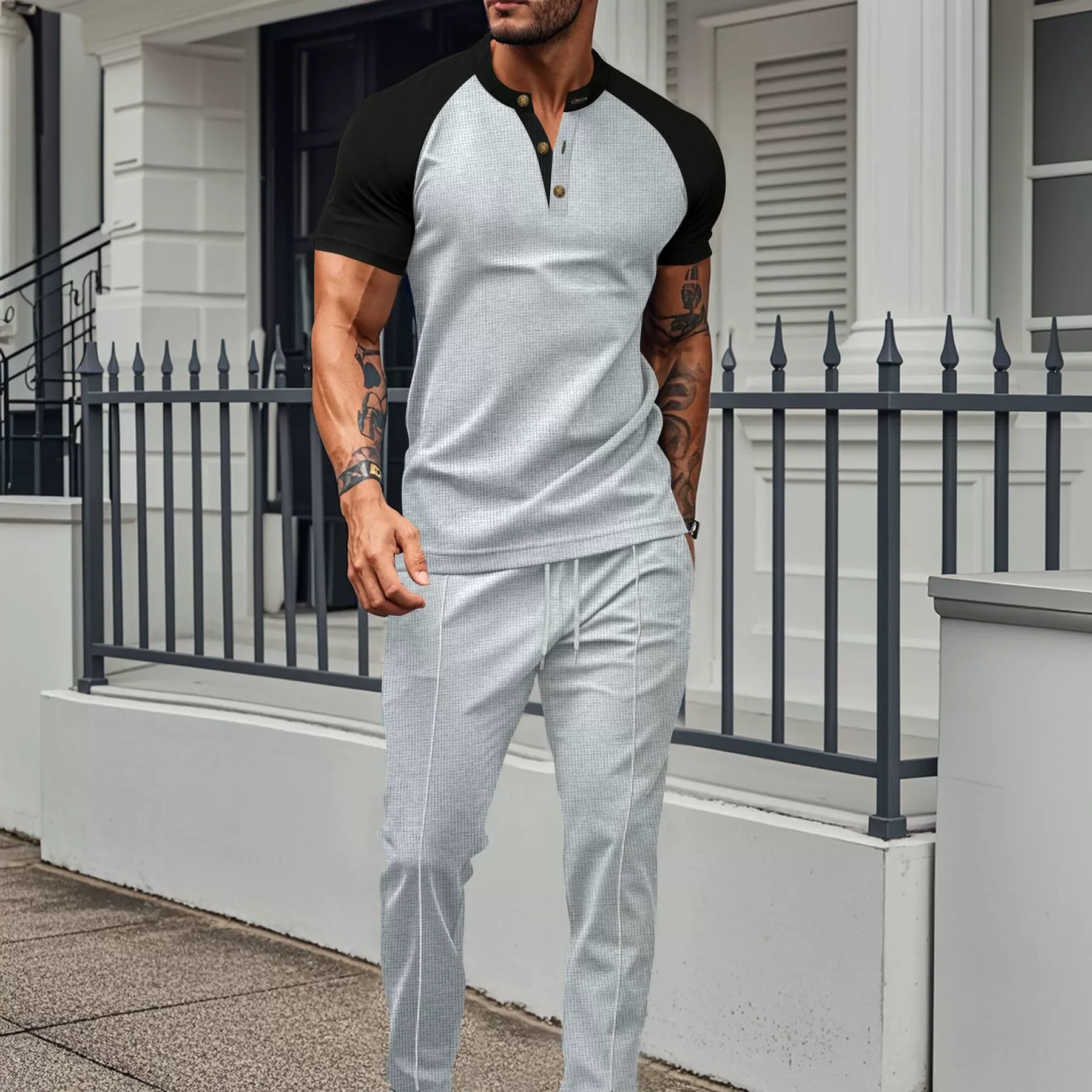 Men's suit Europe and the United States 2025 summer color match casual round neck short sleeve men's T-shirt trousers two sets