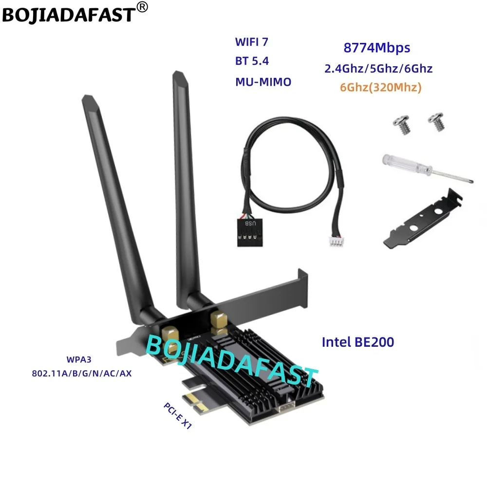 WIFI 7 BT5.4 MU-MIMO 8774Mbps Wireless PCI-E 1X PCIe X1 Network Card 2 Antennas BE200 2.4Ghz 5Ghz 6GHz 802.11ax 802.11ac WPA3