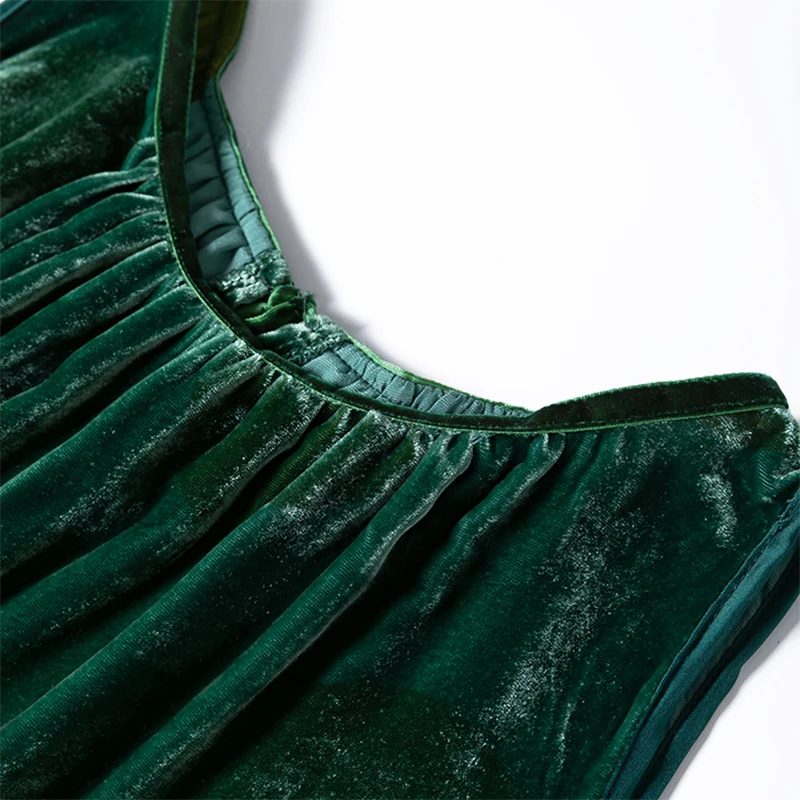 Women Silk Velvet Tank Dress 100% Mulberry Silk Lining Long Type Dark Green Sleeveless Crew Neck Midi Long Dress M1216