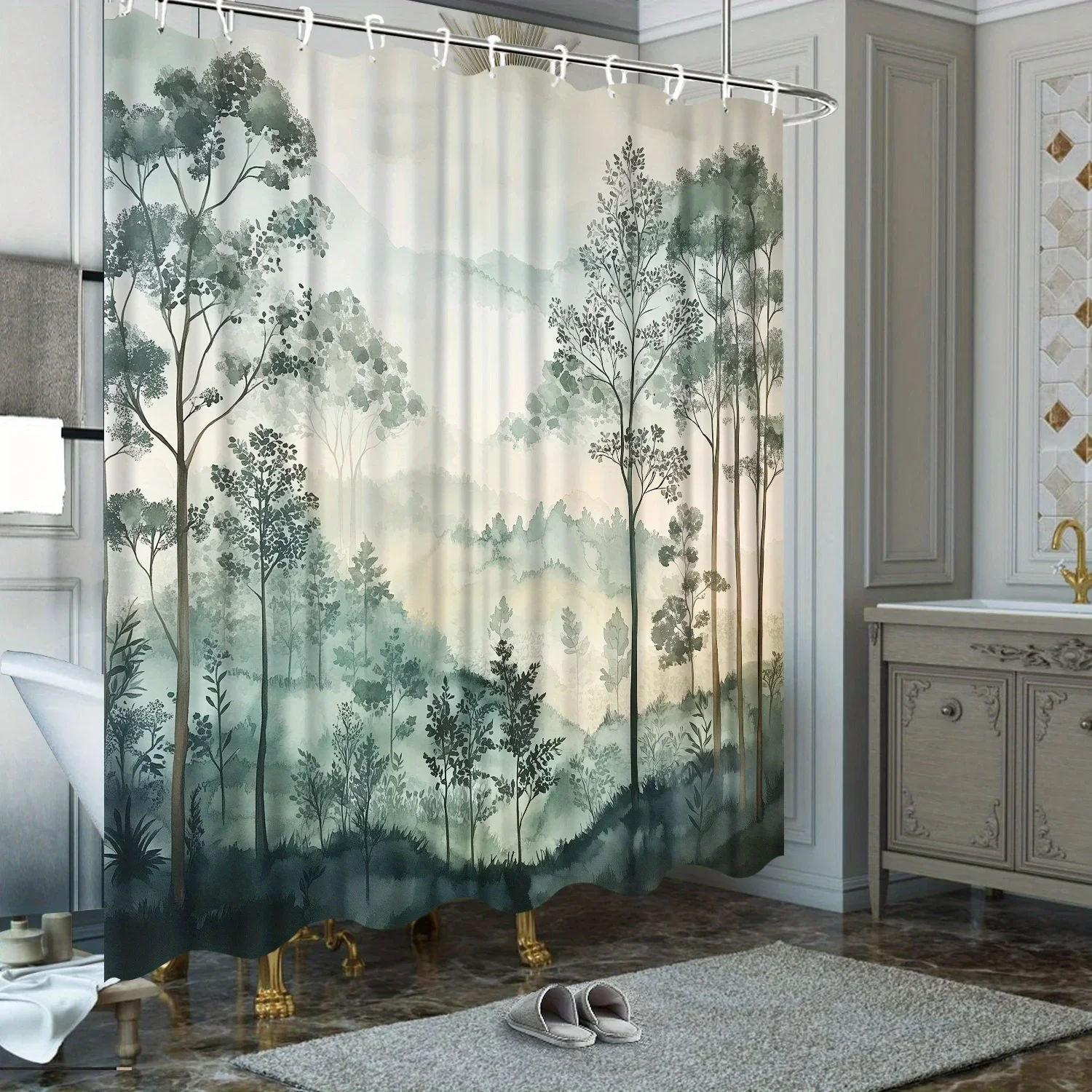 ~O~Polyester Abstract Mid-Century Shower Curtain , Bohemian Minimalist Design, Waterproof Beige & Black Lines, Neutral Bath Deco