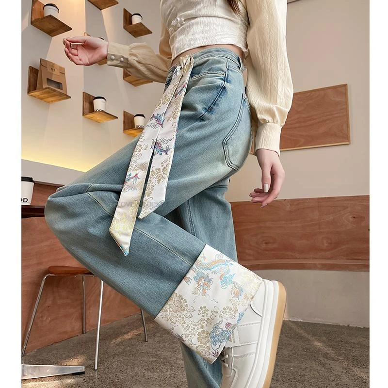 Chinese Embroidered Straight-Leg Jeans Women's Spring Autumn New Chinese Style Sensibility High-Waisted Slimming  Bottoms Pants