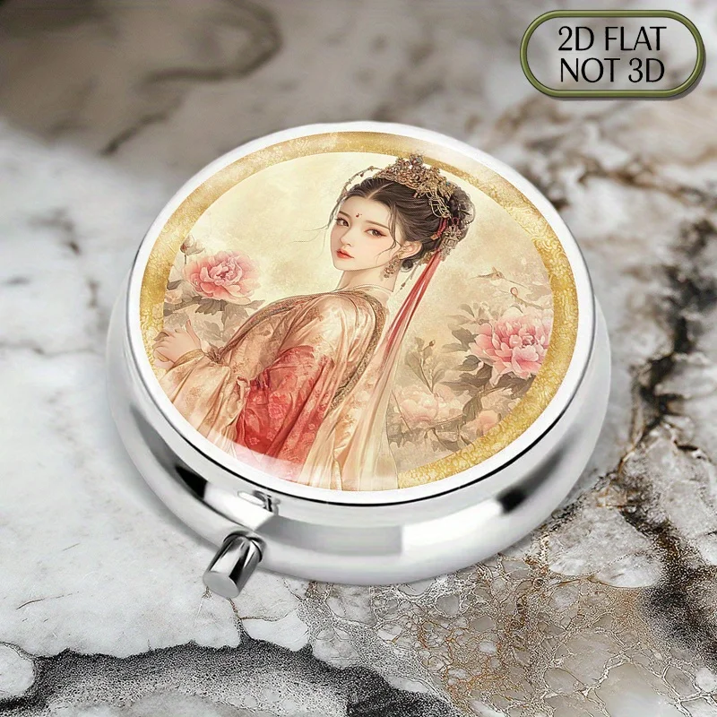 1pc flat portable round metal pill box, featuring an elegant oil painting style with a woman and peonies, is the perfect accessory for your medication storage needs, suitable for storing and organizing small items such as vitamins
