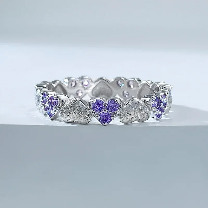 טבעת יהלומים סגול מוברש עם טבעת יהלום מלא אפרסק, סגנון כסף ישן, אור s925