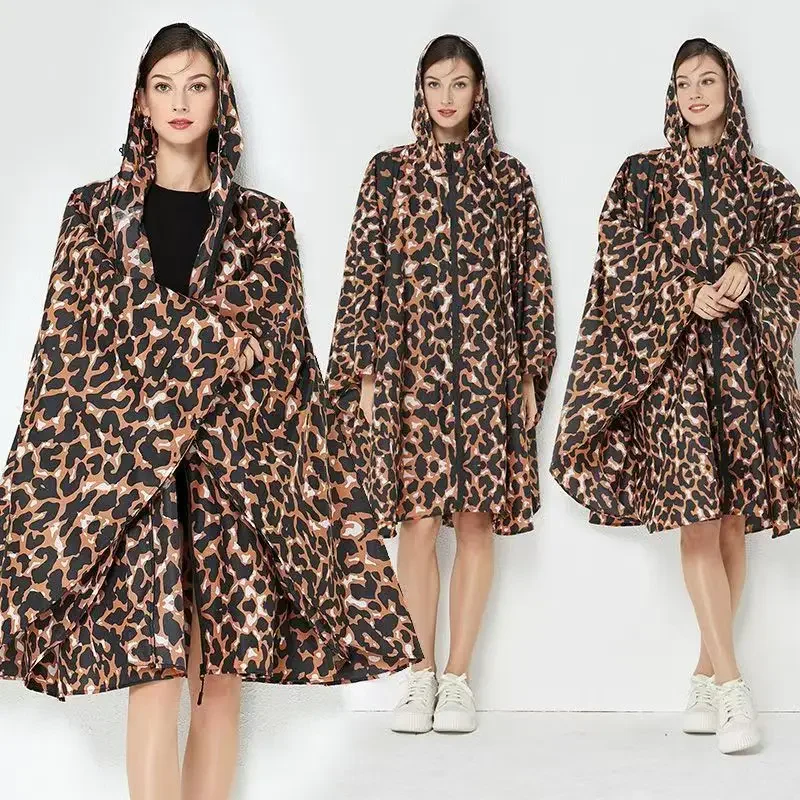 Fashion Big Size Women Leopard Raincoat Lightweight Rain Poncho Coat Ladies Waterproof Cloak Raincoats Adults Windproof Rainwear