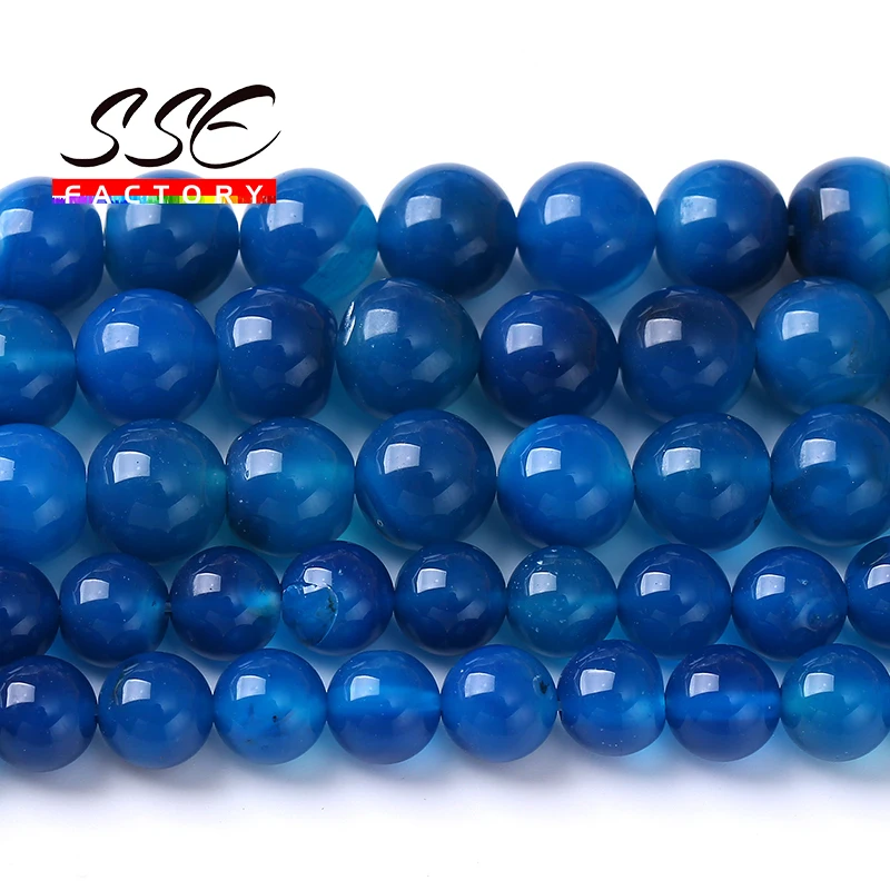 Natural Stone Beads Blue Agates Gemstone Round Loose Beads For Jewelry Making DIY Bracelets Necklaces Handmade 4 6 8 10 12mm 15