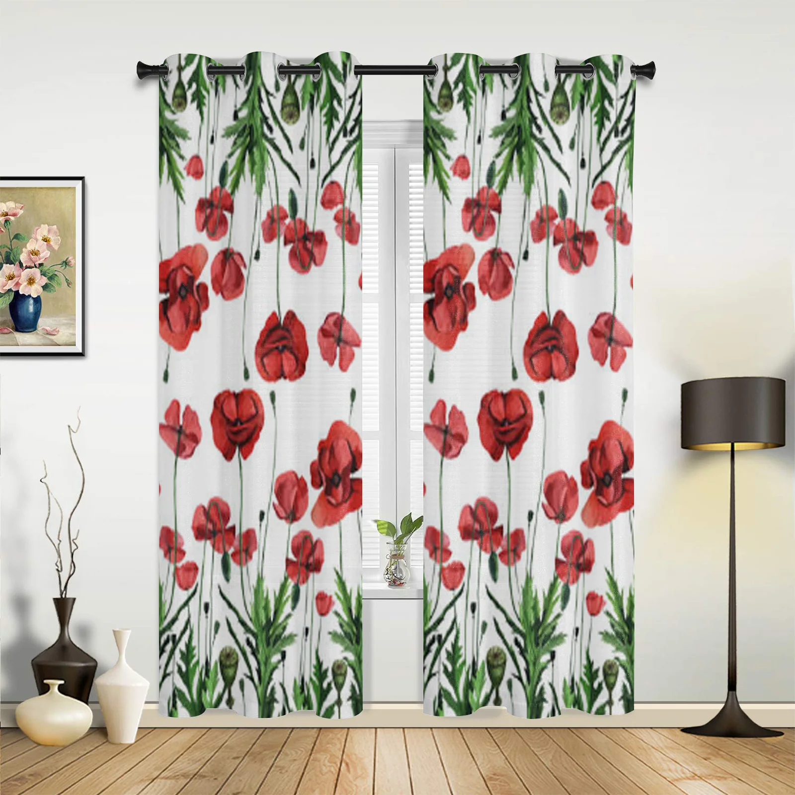 Modern Window Curtains Watercolor Pattern with Wild Red Poppies Luxury Fashion Curtains for Living Room Bedroom Kitchen Drapes