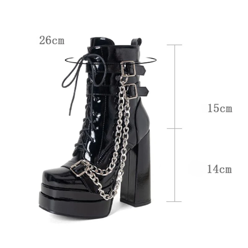 ORCHALISA Punk Ladies Ankle Footwear Square Toe Stack Heel 14cm Raised Base Zip Lace Chain Decor Extended Sizes 43 44 45 Party