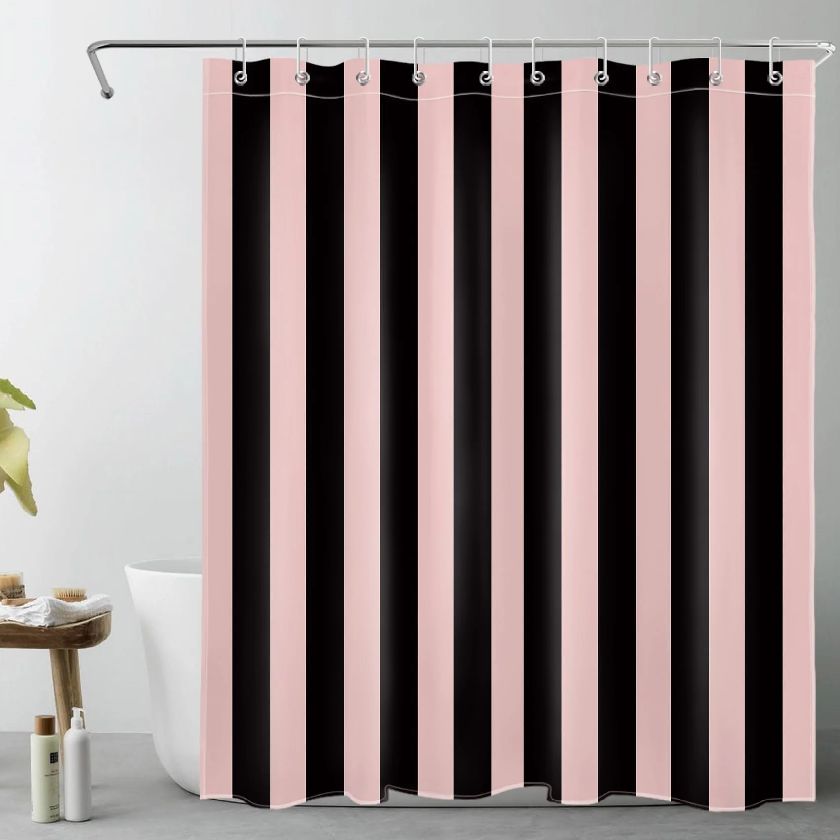 VIKAMA Pink & Orange Stripe Shower Curtain, Waterproof & Mildew-Proof , Vibrant Bathroom Partition Curtain Decoration