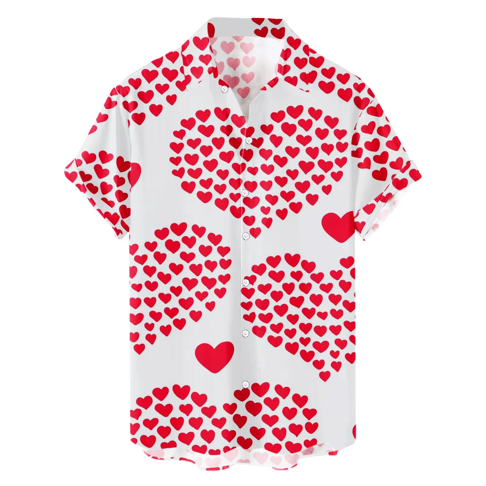 ​​2025 Men's Polka Dot Heart Print Shirt White Valentine's Day Short Sleeve Button Front Party Social Ready​