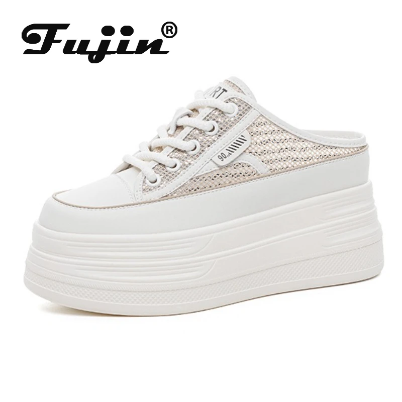 

Fujin 8 см воздушная сетка из искусственной кожи синтетической микрофибры на плоской подошве, женские сандалии, тапочки, массивные кроссовки, тапочки, туфли на танкетке на платформе