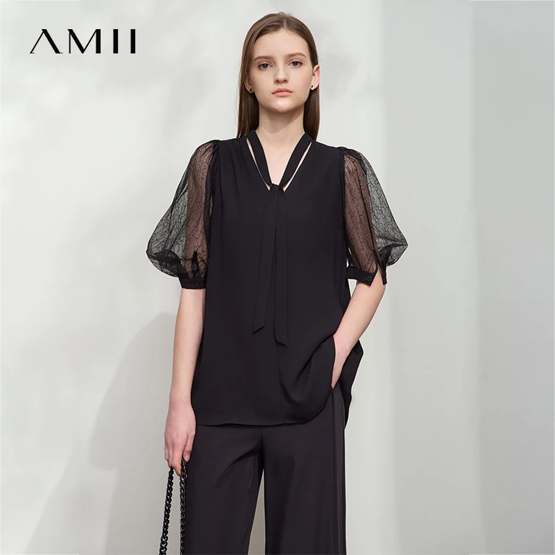 Amii Minimalistisches, lockeres Premium-Chiffon-Hemd für Damen, 2025, Sommer, neue Krawatte, V-Ausschnitt, dünne Blasenärmel, einfarbige Bluse 12542134