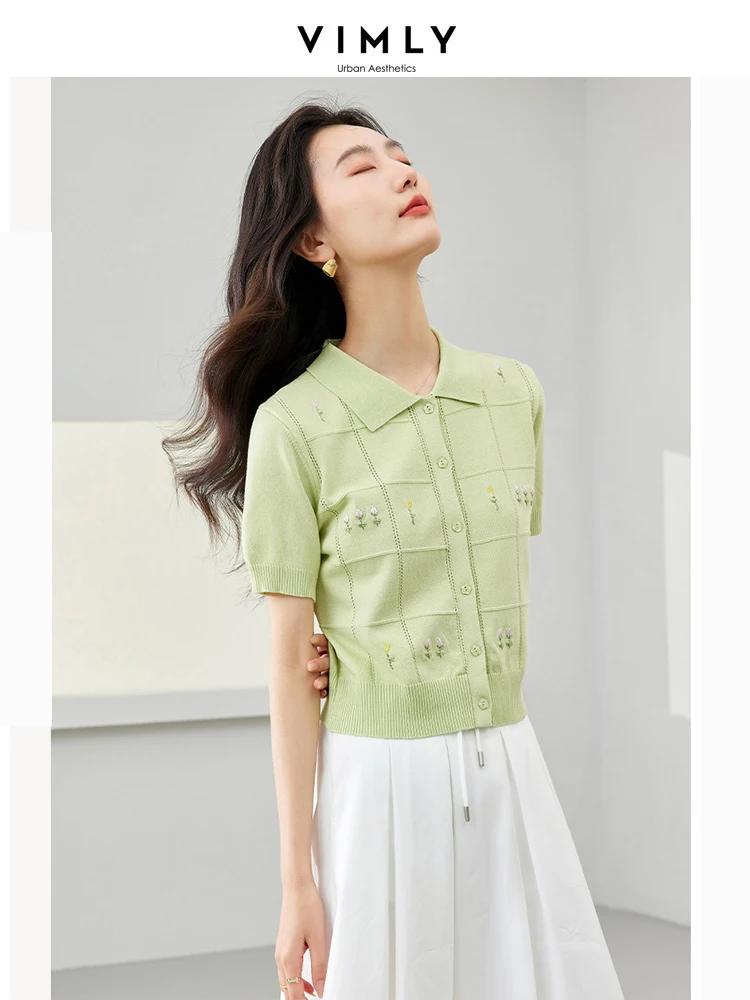 VIMLY Solid upright Shoulder Polo Shirt Knitwear Women 2024 Summer Casual Embroidered T-shirt Blouse Cardigan Top 73052