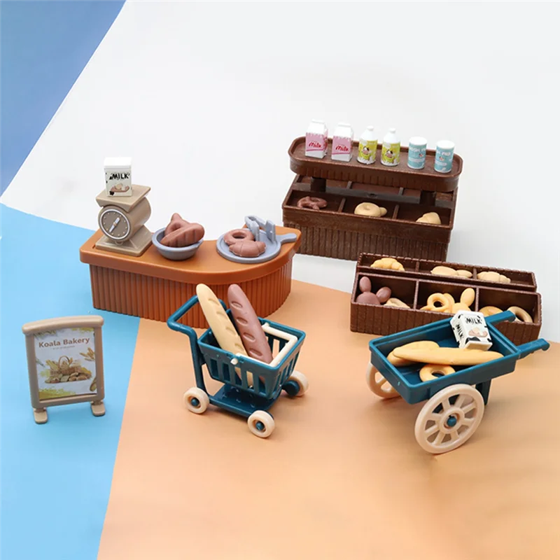 Cute Mini Bakery Decoration Simulation Shop DollHouse Milk Bread Trolley Children Play House Toys Decoration