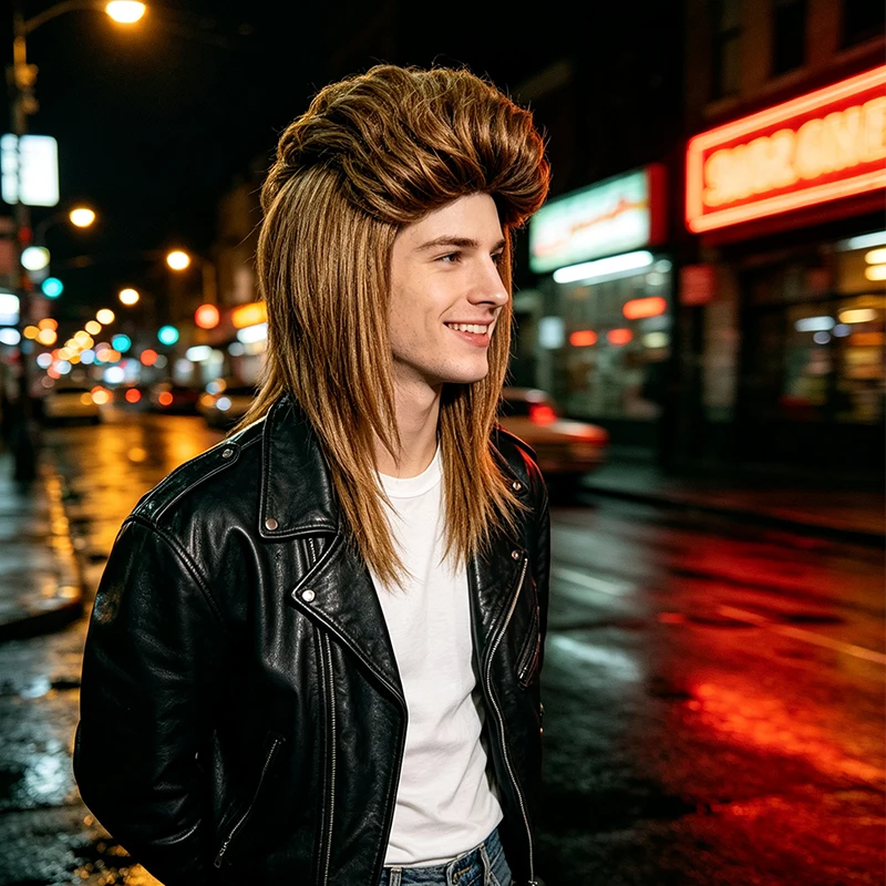 Brown Mullet Wig Synthetic Hair 80s Retro Rock Style Fluffy Top Straight Back Cosplay Halloween Costume Party Full Wigs for Men