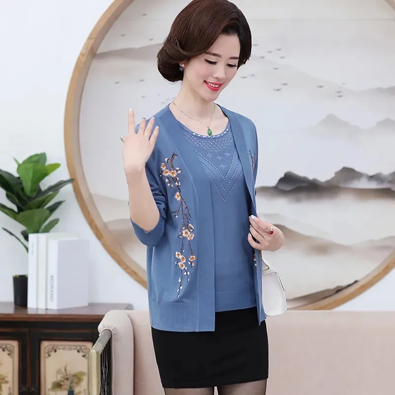 2024 NEW Middle Aged Elderly Women's Spring Summer Autumn Suit Fashion Knitted Cardigan Coat +TShirt Top 2 Pce + Pants 3 Pce Set