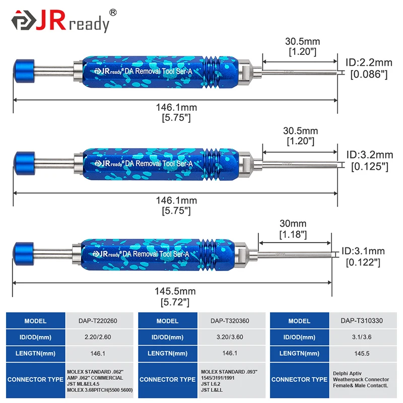 JRready ST5289 9PCS Tube Type Ejector Rod Contact Extraction Tool Set for AMP 4.2/6.35/2.13/CPC Series Pin and Socket Connectors