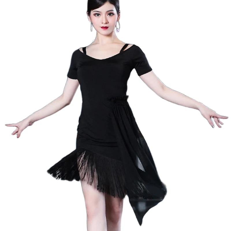 Sexy Latin Dance Dress Tango Performance Prom Party Dress New Black Comfortable Tight Elastic Dance Dress Summer Costume
