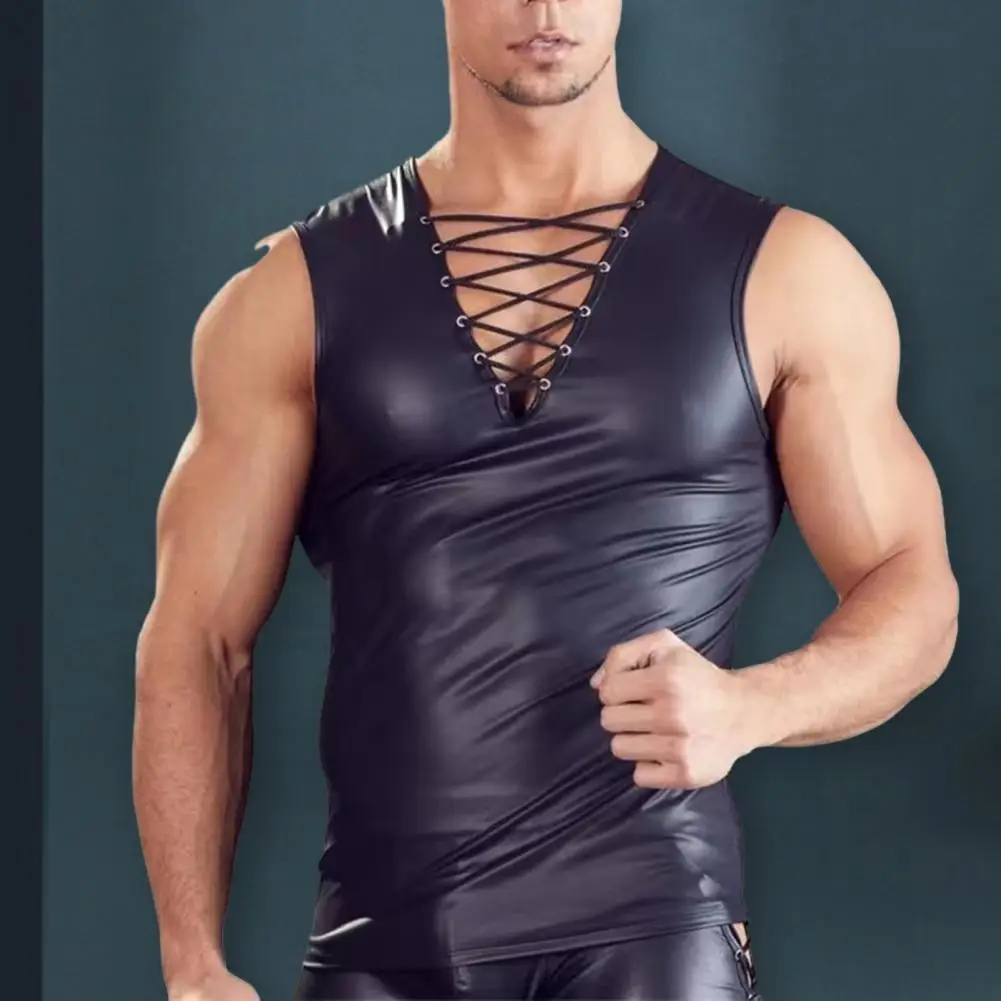 Sleeveless Top Sleek Faux Leather Men's Club Vests Slim Fit V-neck Breathable for Nightclubs Streetwear Performances Men