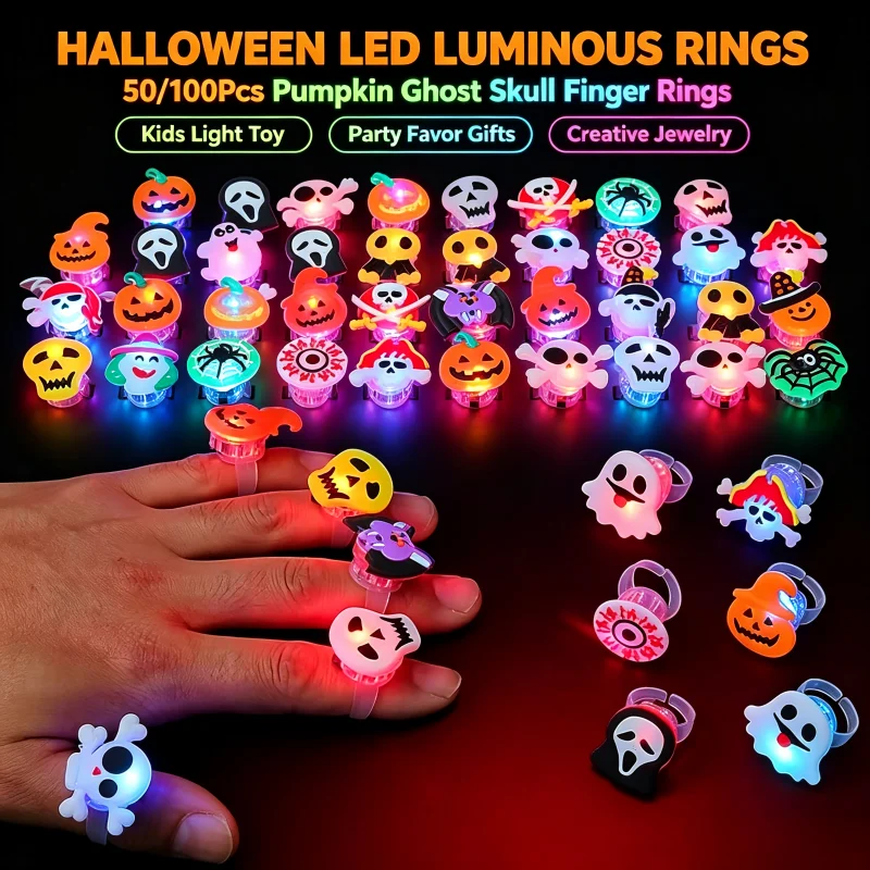 2026 New 50/100Pcs Halloween LED Luminous Rings, Pumpkin Ghost Skull Finger Rings, Creative Kids Light Toy Jewelry Party Favor