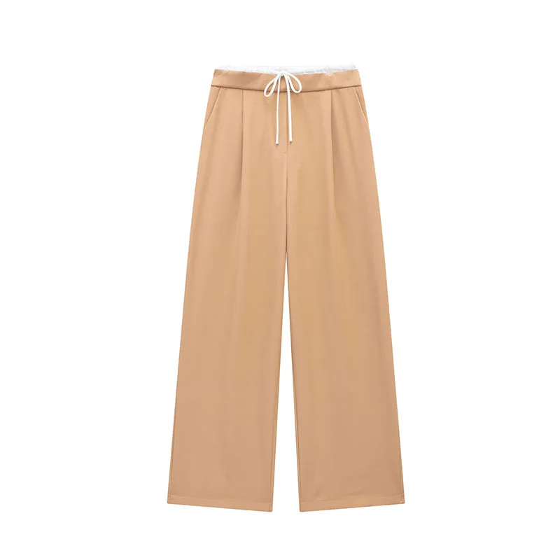 ZHUISHU 2024 Women Fashion Vintage Solid Straight Pants Side Zipper Drawstring Casual Trousers Spring New Female Wide Leg Pants