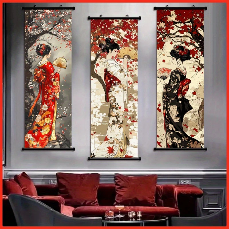Vintage Ukiyo-e Beauty Tapestry, Red Leaf Kimono Girl Wall Scroll, Japanese Art Poster, Bedroom Living Room Wall Hanging Decor