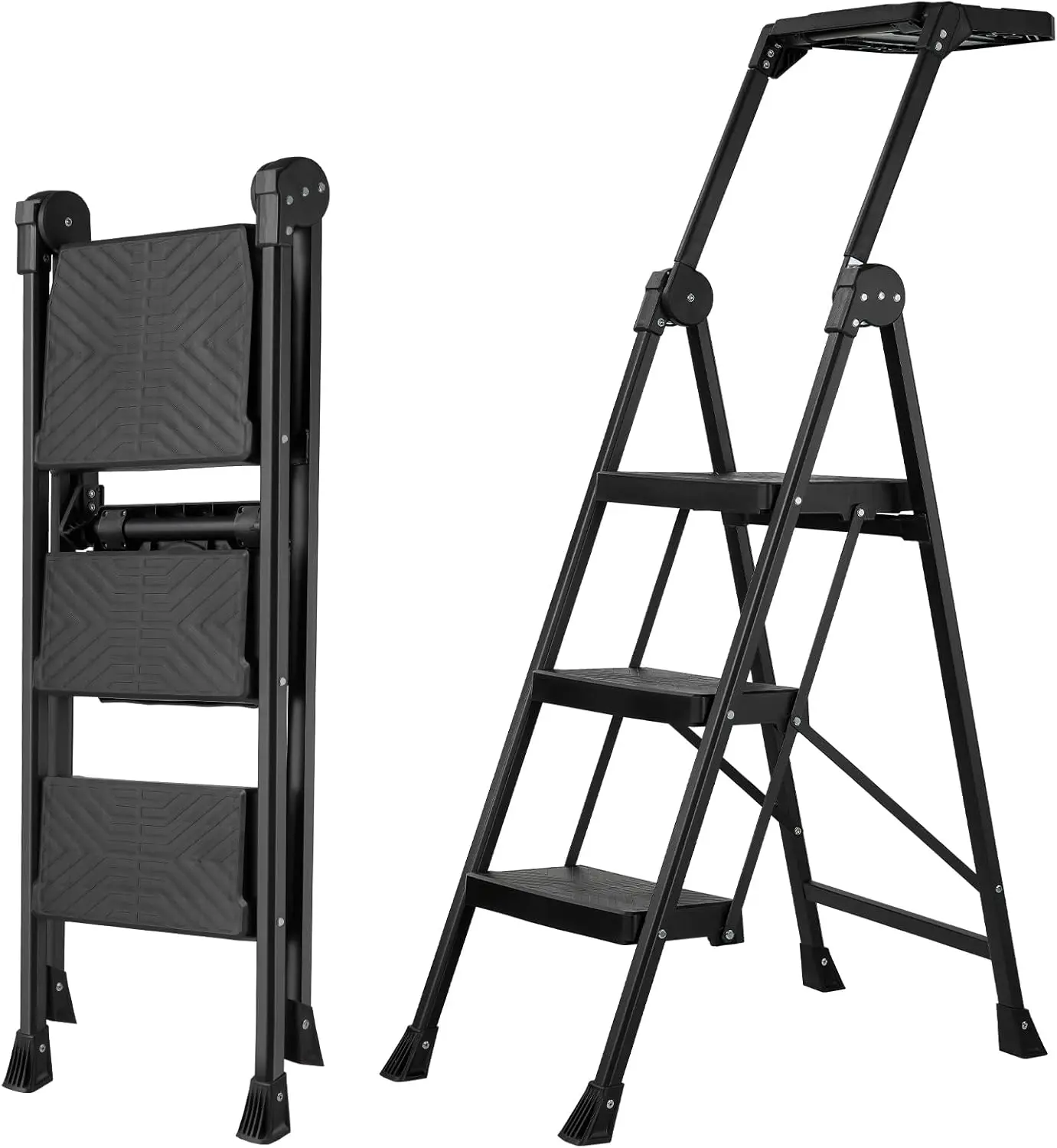 

3-Step Foldable Ladder with Tool Tray & Handrail, Anti-Slip Wide Pedal, 660 lbs Capacity for Home Kitchen Outdoor Use
