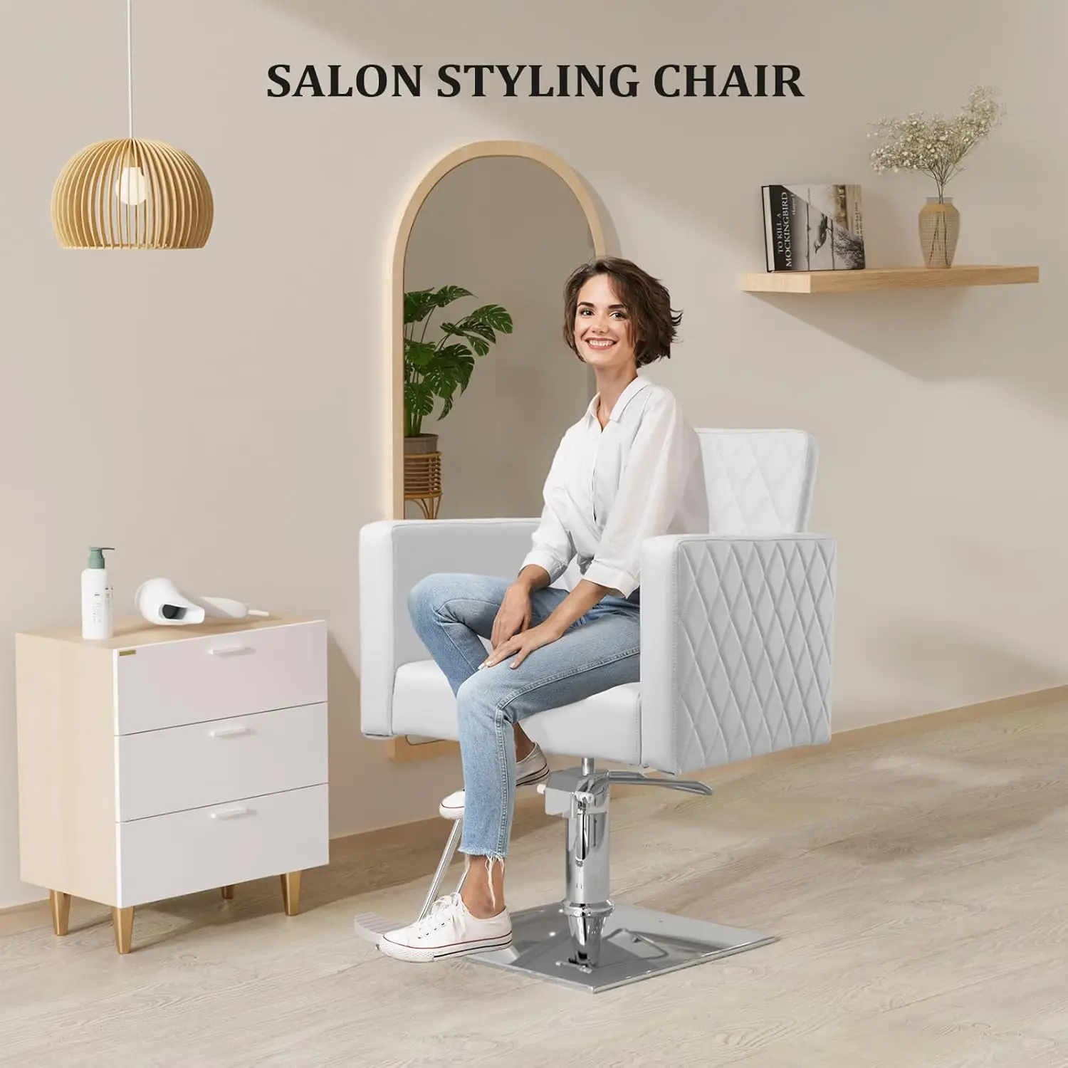 White Hair Chair with Wide Seat Aluminium Alloy Footrest, Hydraulic Barber Chair Heavy Duty, Salon Chair for Hair Stylist