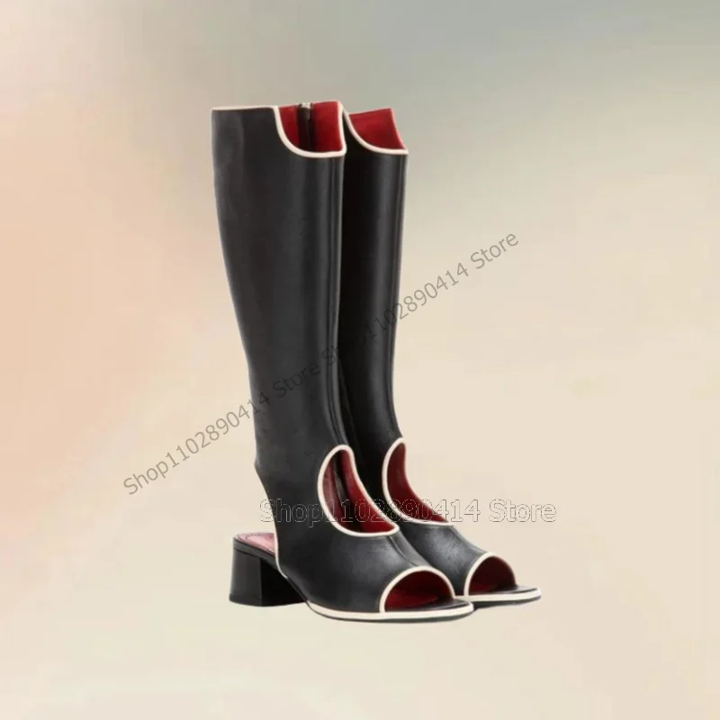 Black Hollow Cut Heel Design Peep Toe Boots Side Zipper Women Shoes Chunky Heels Fashion Party Banquet 2025 Zapatos Para Mujere