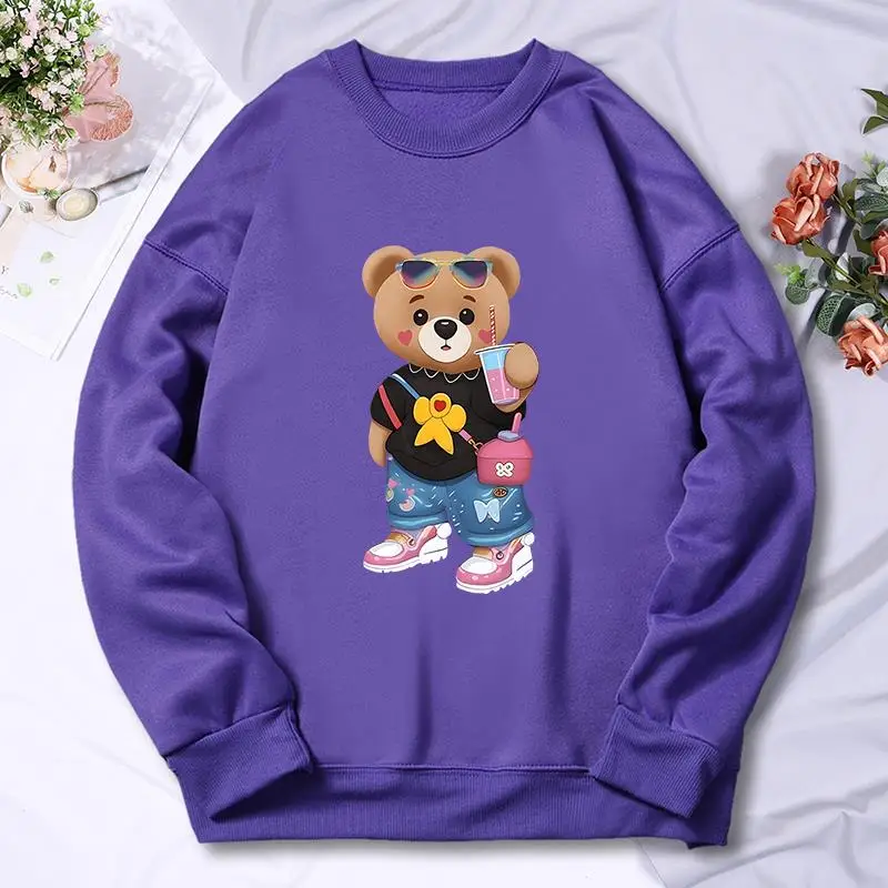 Bear Sister Drinking Beverages Print Hoody For Women Street Loose Sweatshirt Autumn Fleece Hoody Hip Hop S-Xxl Streetwear Female