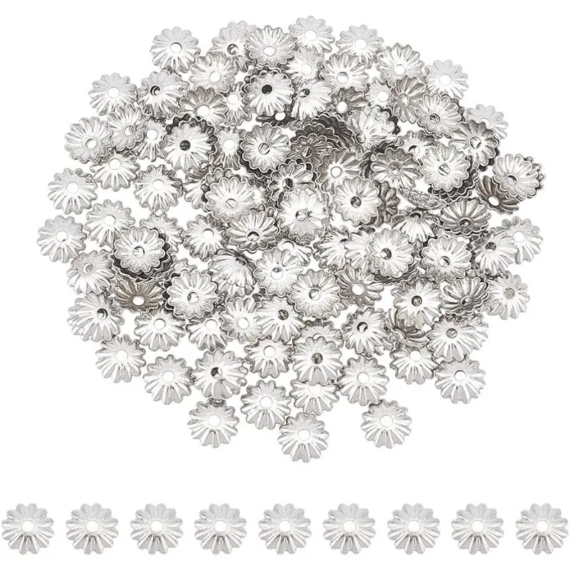 

300 Pcs 5.5mm Long 304 Stainless Steel Multi-Petal Bead Caps Hollow Flower Cone Metal Filigree Bead Caps Spacer Flower End Caps