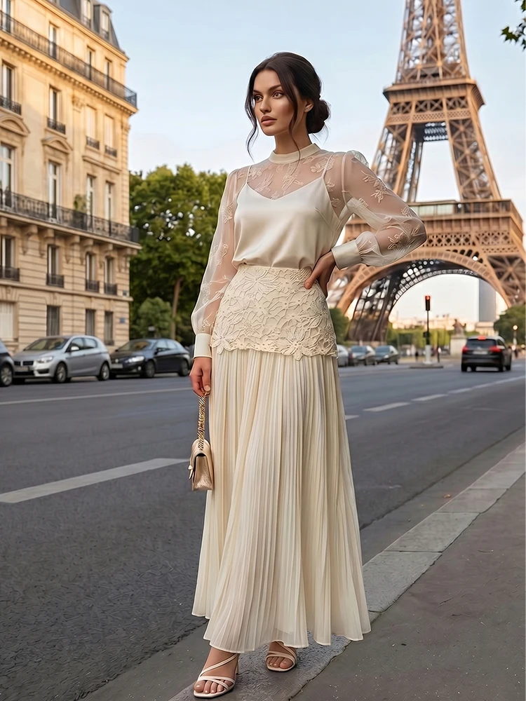 HH 2026 Summer Women's Crochet Hollow Lace Layered Long Skirt High-waisted Flowing Skirt Elegant Daily Holiday Ofice Bottoms