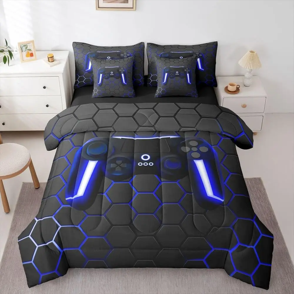 

King Size Gaming Comforter Set with Neon Lights, Gamepad Design, Hexagon Pattern, and Blue Bed-in-a-Bag with Sheets