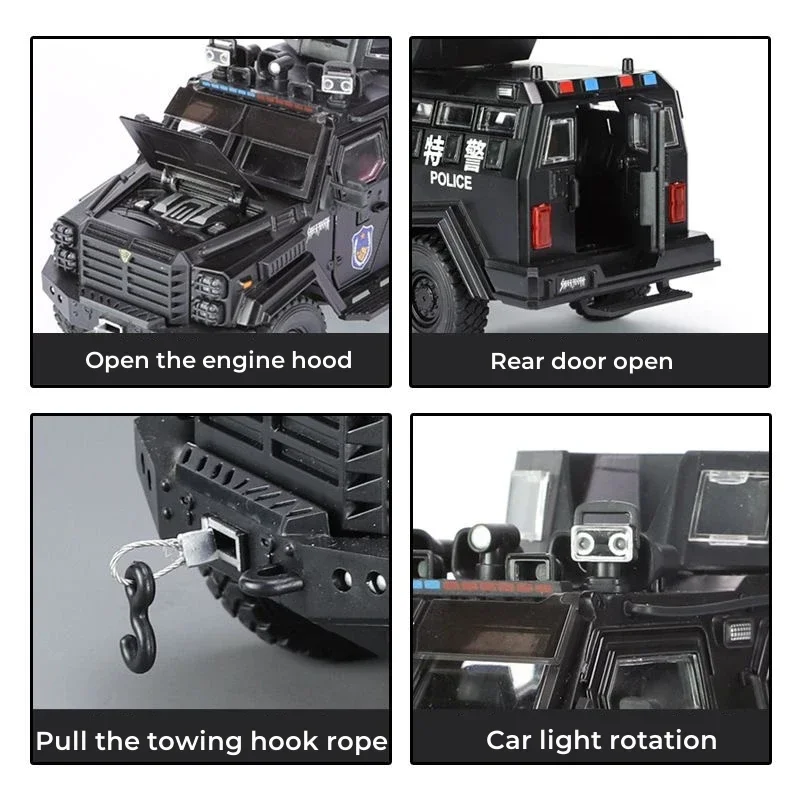 Modelo de carro anti-motim para crianças, tigre do dente de espada, carro fundido, veículo off-road, som e luz, puxar para trás, presentes