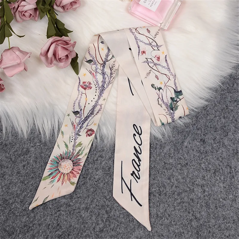 Dawn Garden Pink Brand Skinny Scarf Women Bag Scarves 2024 New Design Silk Scarf For Ladies Foulard Wrist Towel Neckerchief