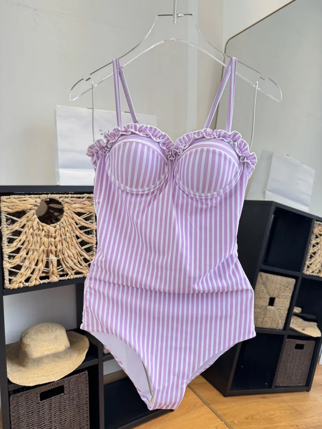 Fashionable Ladies Pink Striped One-Piece Swimsuit with Shoulder Straps