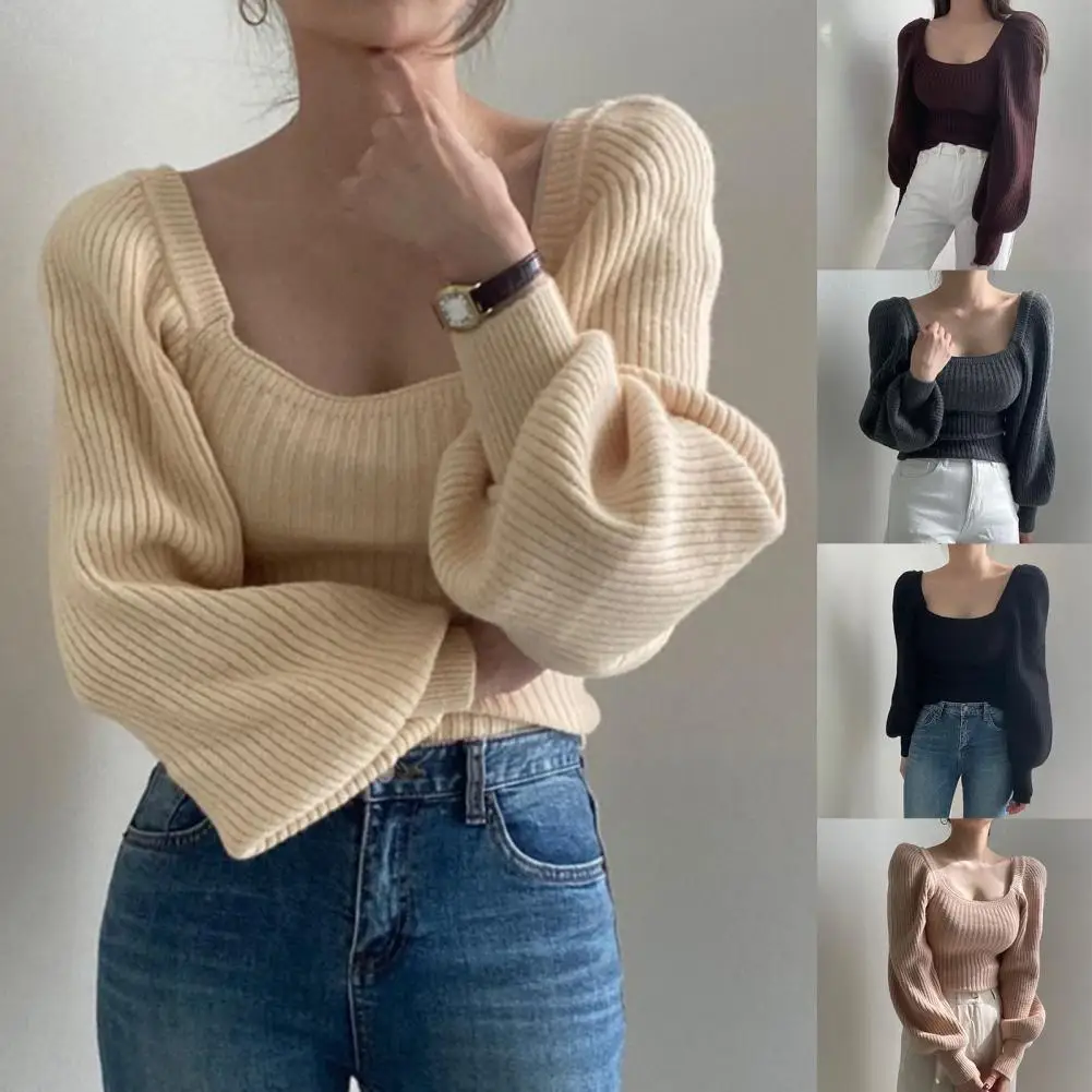 

Knit Women's Sweater Warm All-match Square Collar INS Square Neck Pink Top Autumn Winter Sweater for Dating Women's Clothing